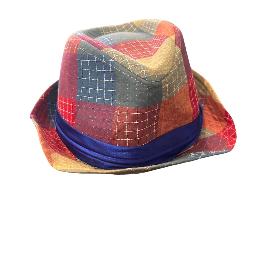 Kenny K Patchwork Fedora Trilby Hat Multicolor Plaid Blue Band Size L